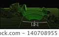 UAV performing a simulated night vision flight over rugged wireframe mountains with active scan 140708955