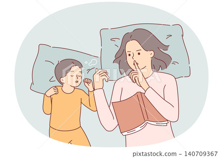 Overprotection from mother making gesture of silence, lying in bed with sleeping child Overprotection from mother making gesture of silence, lying in bed with sleeping child 140709367