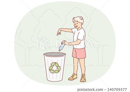 Little girl calls for plastic recycling by throwing bottle into bin with special symbol 140709377