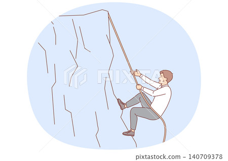 Business man climbs up cliff, taking on difficult challenge, does not stop trying to achieve goal Business man climbs up cliff, taking on difficult challenge, does not stop trying to achieve goal 140709378
