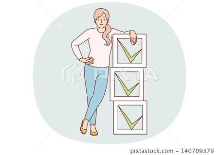 Woman stands near checkboxes with ticks symbolizing task management to increase productivity Woman stands near checkboxes with ticks symbolizing task management to increase productivity 140709379