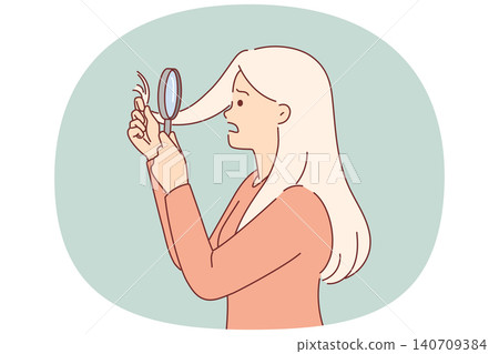 Split ends of hair bother girl with magnifying glass, needs trip to hairdresser. Split ends of hair bother girl with magnifying glass, needs trip to hairdresser. 140709384