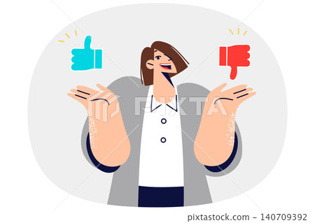 Woman encourages giving feedback and sharing user experience, holding thumbs up or down icons Woman encourages giving feedback and sharing user experience, holding thumbs up or down icons 140709392
