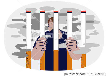 Man addicted to smoking tobacco is locked behind bars of cigarettes, demonstrating powerlessness Man addicted to smoking tobacco is locked behind bars of cigarettes, demonstrating powerlessness 140709403