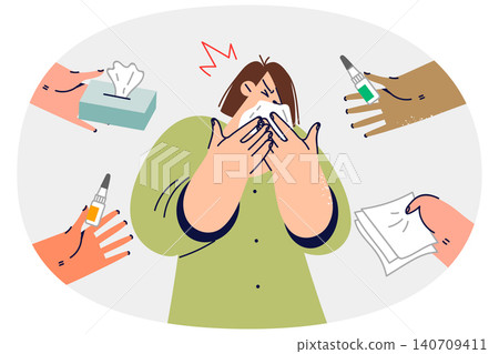 Woman with runny nose uses handkerchief, standing near hands offering medicine or paper napkins 140709411
