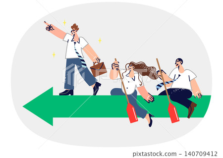Leader indicates direction for team to move, demonstrating leadership, standing on green arrow 140709412