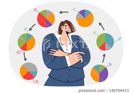 Woman statistician stands among business charts with changing data showing positive changes Woman statistician stands among business charts with changing data showing positive changes 140709413