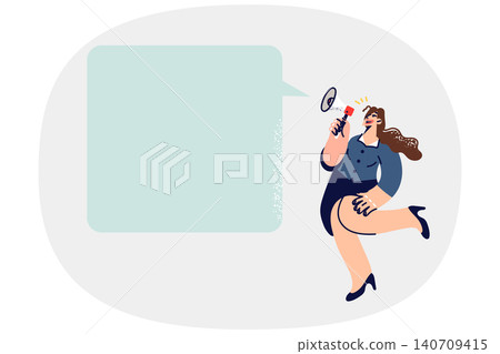 Woman promoter shouts into megaphone, making announcement, standing near empty speech bubble Woman promoter shouts into megaphone, making announcement, standing near empty speech bubble 140709415