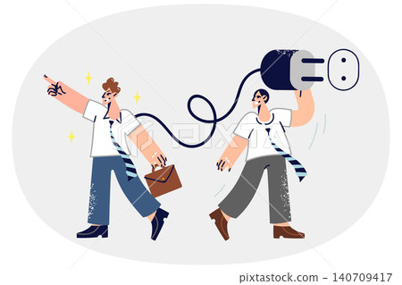Man manager motivates subordinate to work by connecting employee to outlet to recharge Man manager motivates subordinate to work by connecting employee to outlet to recharge 140709417