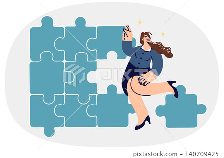 Business woman builds solid corporate structure from puzzle pieces, demonstrating management skills 140709425