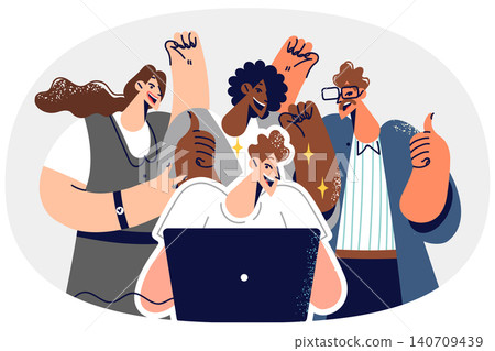 Overjoyed business people from different countries celebrating looking at laptop Overjoyed business people from different countries celebrating looking at laptop 140709439