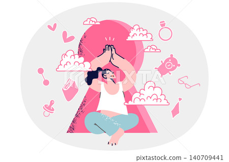 Woman meditates achieving balance between work and family or education, sits near giant keyhole Woman meditates achieving balance between work and family or education, sits near giant keyhole 140709441