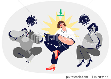 Woman with leadership qualities works with laptop, sitting with two unlucky colleagues Woman with leadership qualities works with laptop, sitting with two unlucky colleagues 140709443