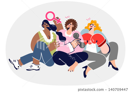 Women feminist show willingness to fight discrimination, using dumbbells and boxing gloves 140709447