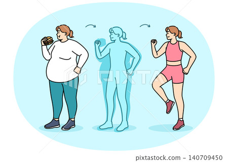 Fat woman loses weight by stopping eating fast food and starting to exercise or run 140709450