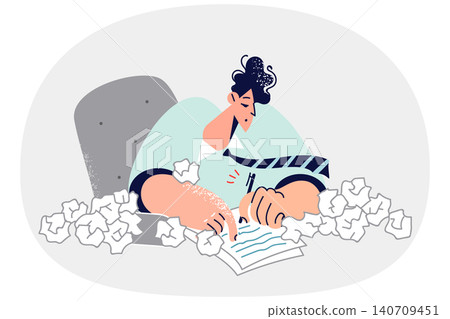 Business man is doing paperwork and writing speech, sitting at desk, with many crumpled drafts Business man is doing paperwork and writing speech, sitting at desk, with many crumpled drafts 140709451