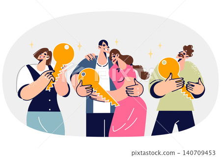 Happy real estate buyers hold keys to houses or apartments, rejoicing in renting comfortable housing Happy real estate buyers hold keys to houses or apartments, rejoicing in renting comfortable housing 140709453