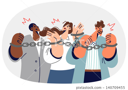 Business people bound by slave contracts experience discomfort due to handcuffs on hands Business people bound by slave contracts experience discomfort due to handcuffs on hands 140709455
