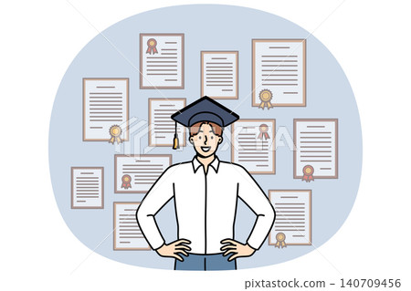 Man graduate stands in academic hat near wall with diplomas from advanced business courses 140709456