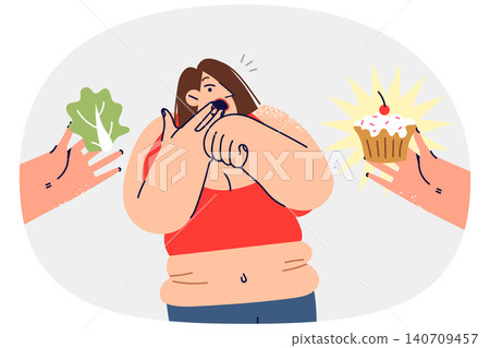Woman with obesity experiences shock choosing between healthy and unhealthy food Woman with obesity experiences shock choosing between healthy and unhealthy food 140709457