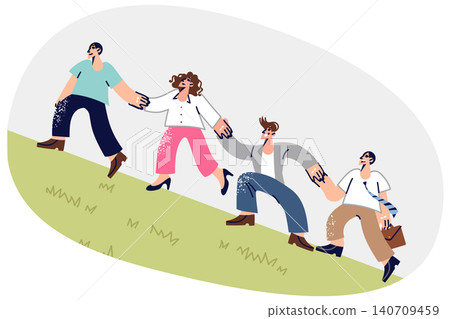 Friendly team of office workers climb hill together and hold hands, demonstrating teamwork skills Friendly team of office workers climb hill together and hold hands, demonstrating teamwork skills 140709459