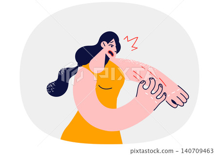Woman suffers from scabies caused by presence lice or poor hygiene, scratches hand until it bleeds 140709463