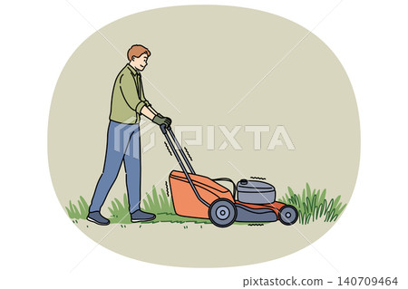 Gardener man uses gas-powered lawnmower to maintain grass in backyard or public park Gardener man uses gas-powered lawnmower to maintain grass in backyard or public park 140709464