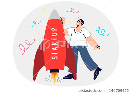 Man launches startup, stands near spaceship ready to fly into space on research mission 140709465