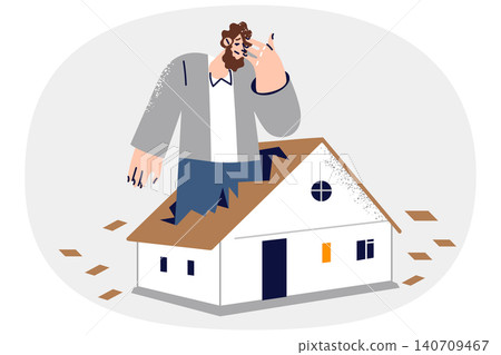 Man worried about insufficient size of housing, stands inside fire in broken roof of small house 140709467