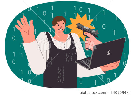 Internet extortionist hand with gun protrudes from laptop and threatens frightened man Internet extortionist hand with gun protrudes from laptop and threatens frightened man 140709481