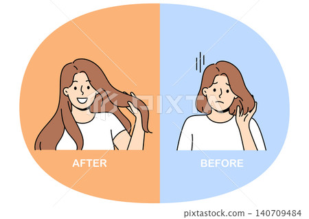 Woman with different hairstyles before and after using shampoo to get silky hair Woman with different hairstyles before and after using shampoo to get silky hair 140709484