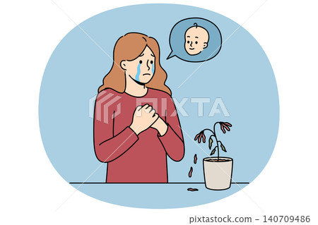Problem of infertility upsets woman, crying standing near withered flower, and dreaming of child Problem of infertility upsets woman, crying standing near withered flower, and dreaming of child 140709486