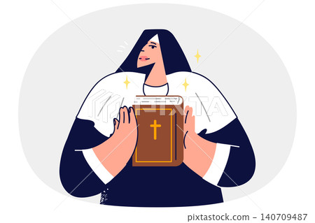 Woman nun holds holy bible in hands and demonstrates main Christian book to parishioners Woman nun holds holy bible in hands and demonstrates main Christian book to parishioners 140709487