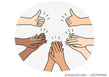 Hands of people applaud and showing thumbs up as sign of respect and support for speaker 140709488