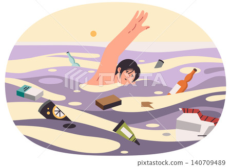 Woman swims in sea among garbage and plastic waste, for concept of problem of ocean pollution Woman swims in sea among garbage and plastic waste, for concept of problem of ocean pollution 140709489