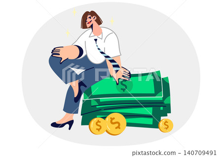 Rich woman sits on stack of money earned in business, and thinks about where to invest money Rich woman sits on stack of money earned in business, and thinks about where to invest money 140709491