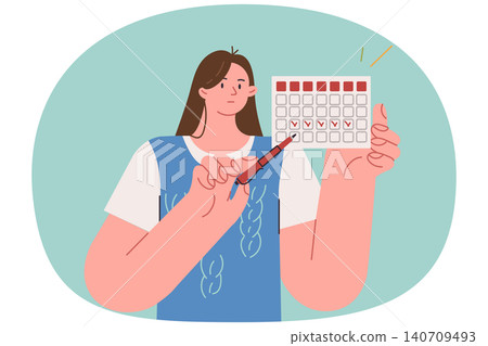 Calendar showing menstrual cycle in hands woman declaring importance of uterine and ovarian health Calendar showing menstrual cycle in hands woman declaring importance of uterine and ovarian health 140709493