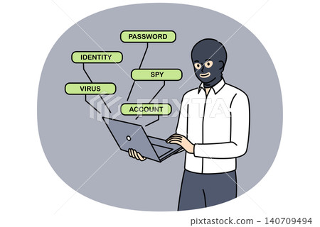 Man hacker hacks website through laptop, standing in mask hiding face to remain anonymous Man hacker hacks website through laptop, standing in mask hiding face to remain anonymous 140709494