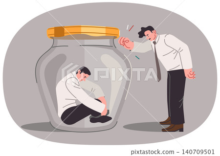Boss is trying help and support upset man sitting in jar due to alienation from colleagues Boss is trying help and support upset man sitting in jar due to alienation from colleagues 140709501