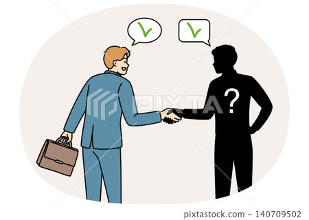 Business man shakes hands and makes deal with anonymous partner, risking becoming victim of scammer Business man shakes hands and makes deal with anonymous partner, risking becoming victim of scammer 140709502