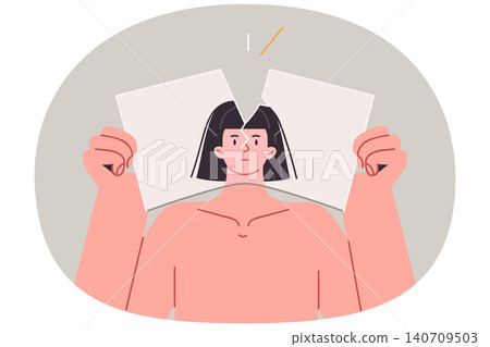 Woman suffers from identity crisis caused by psychological trauma and tears up portrait Woman suffers from identity crisis caused by psychological trauma and tears up portrait 140709503