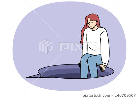 Depression in woman sitting on edge abyss in form speech bubble, metaphor for complex conversation 140709507