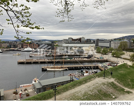 Ferry terminal and docked ships in Oslo, Norway. 140709762