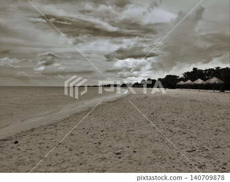Deserted beach with straw umbrellas under cloudy sky 140709878