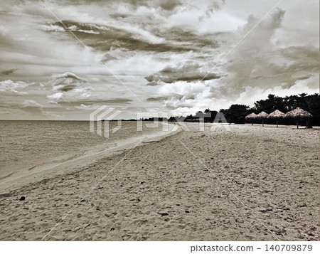Empty beach with straw umbrellas and cloudy sky in monochrome 140709879