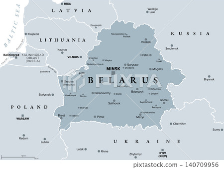 Belarus, gray political map with borders, capital Minsk, largest cities, and the Suwalki Gap. Landlocked country in Eastern Europe, bordered by Russia, Latvia, Lithuania, Poland, and Ukraine. Vector Belarus, gray political map with borders, capital Minsk, largest cities, and the Suwalki Gap. Landlocked country in Eastern Europe, bordered by Russia, Latvia, Lithuania, Poland, and Ukraine. Vector 140709956