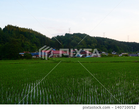 A quiet mountain village in Gonohe Town, Aomori Prefecture; rice paddies stretch out in front of the village. A quiet mountain village in Gonohe Town, Aomori Prefecture; rice paddies stretch out in front of the village. 140710052