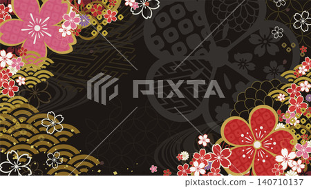 Japanese-style background illustration of plum and cherry blossoms_Black with pattern_16:9 Japanese-style background illustration of plum and cherry blossoms_Black with pattern_16:9 140710137