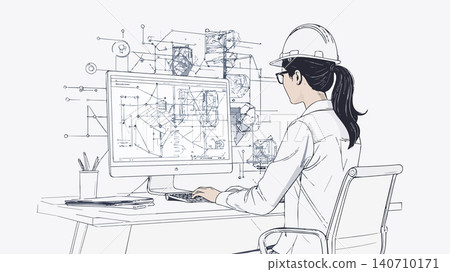 Female engineer designing building blueprints on computer 140710171