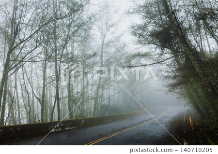Foggy Curve With Guardrail on Mountain Road 140710205